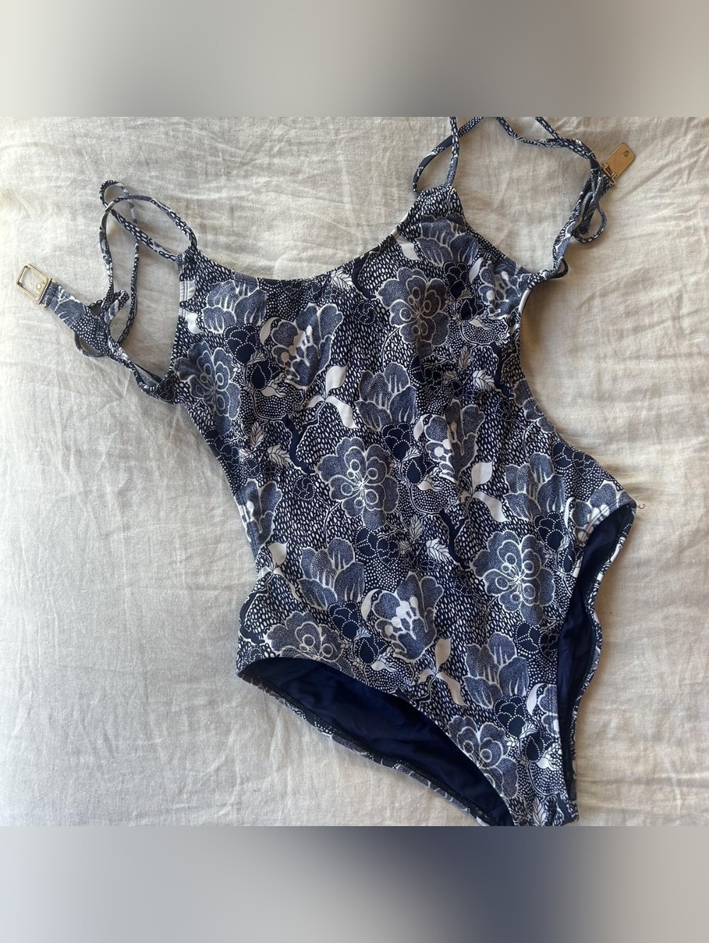 Women's Blue and White Floral Open Back One Piece Swimsuit